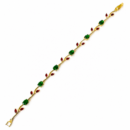 Green Emerald & Red Ruby Cubic Zirconia Tulip Design American Diamond Gold Plated Stainless Steel Bracelet