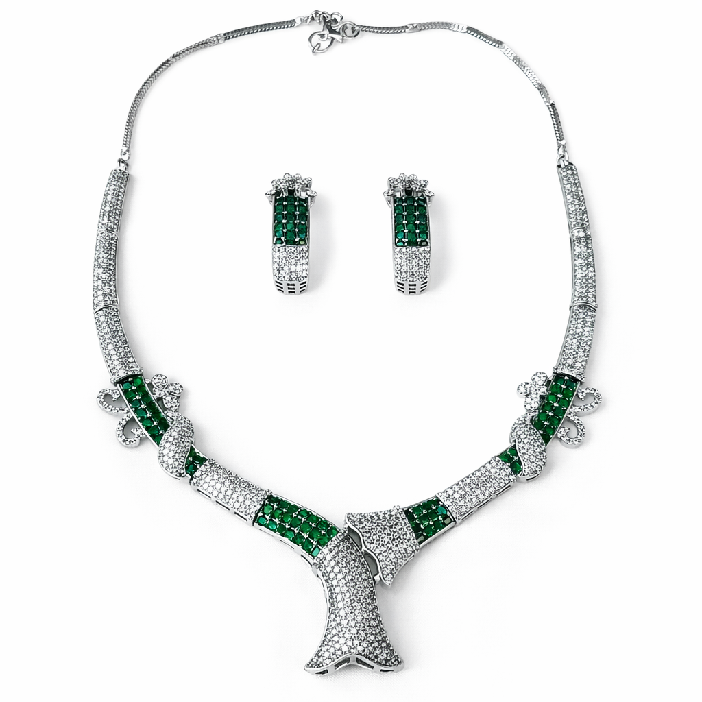 Green Emerald Cubic Zirconia American Diamond Silver Plated Necklace Set