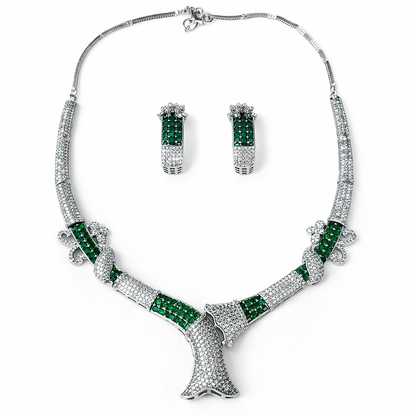 Green Emerald Cubic Zirconia American Diamond Silver Plated Necklace Set