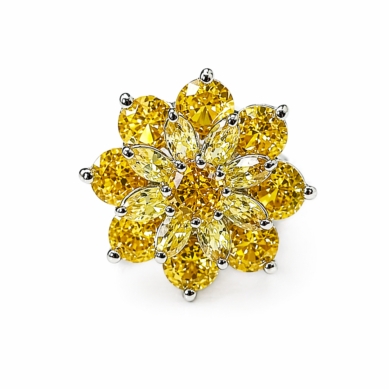 Yellow Topaz Cubic Zirconia Ice Cut American Diamond Silver Plated Adjustable Ring