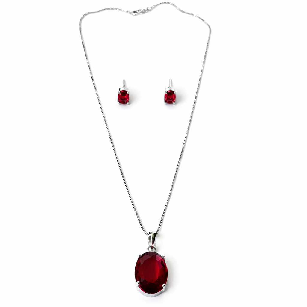 Red Ruby Cubic Zirconia American Diamond Silver Plated Pendant Set