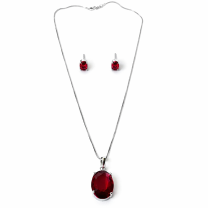 Red Ruby Cubic Zirconia American Diamond Silver Plated Pendant Set