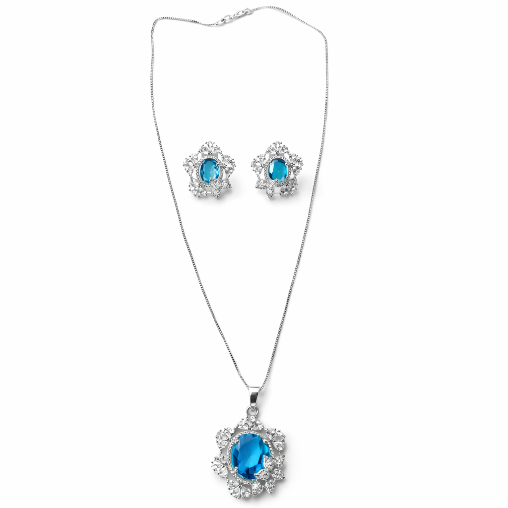Aqua Blue Sapphire Cubic Zirconia American Diamond Silver Plated Pendant Set