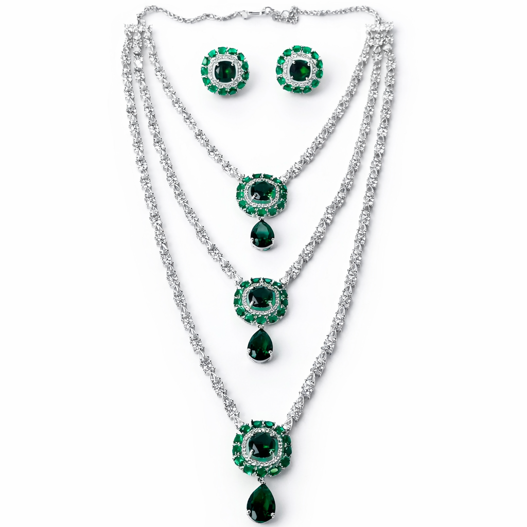 Green Emerald Cubic Zirconia American Diamond Silver Plated Necklace Set