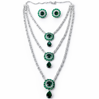 Green Emerald Cubic Zirconia American Diamond Silver Plated Necklace Set