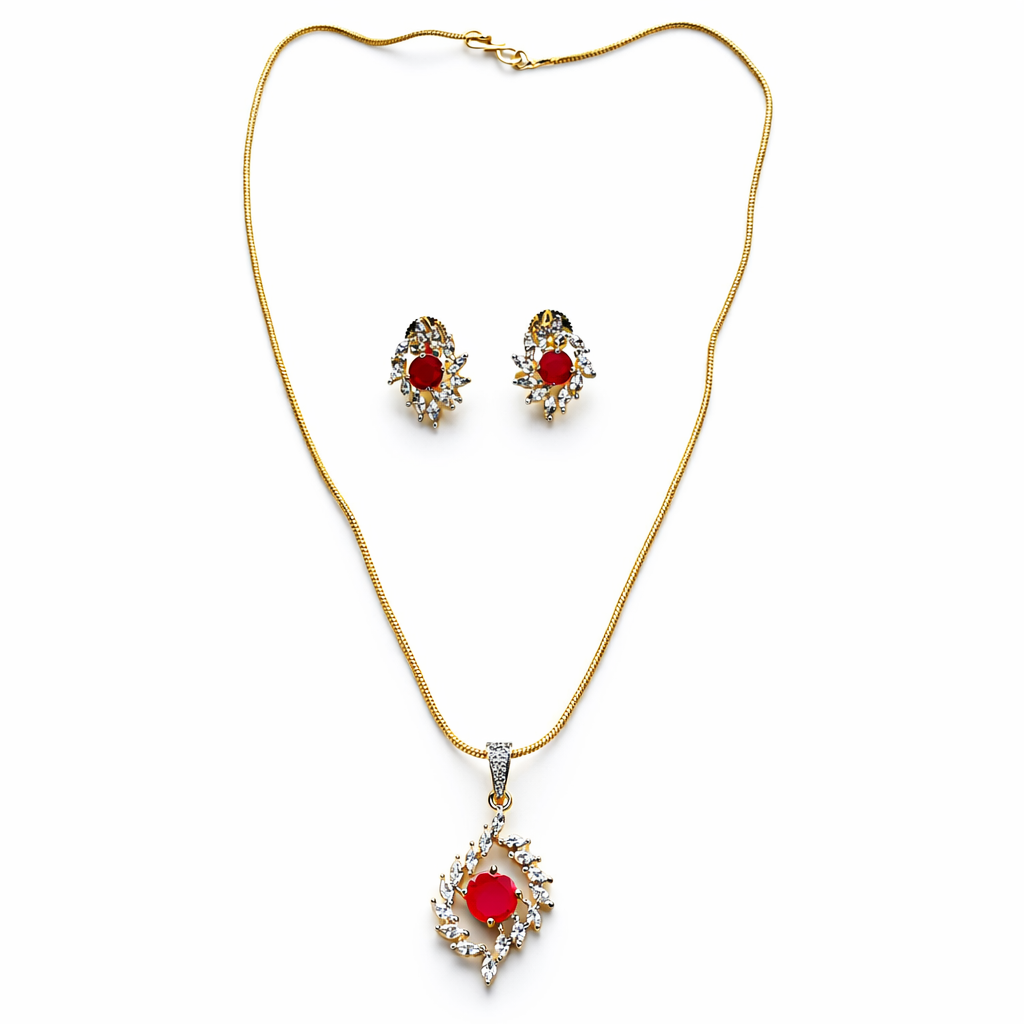 Red Ruby Cubic Zirconia American Diamond Gold Plated Pendant Set