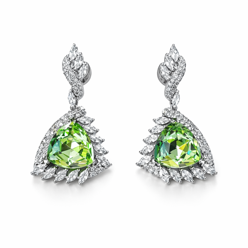 Green Peridot Swarovski Crystal American Diamond Silver Plated Earrings