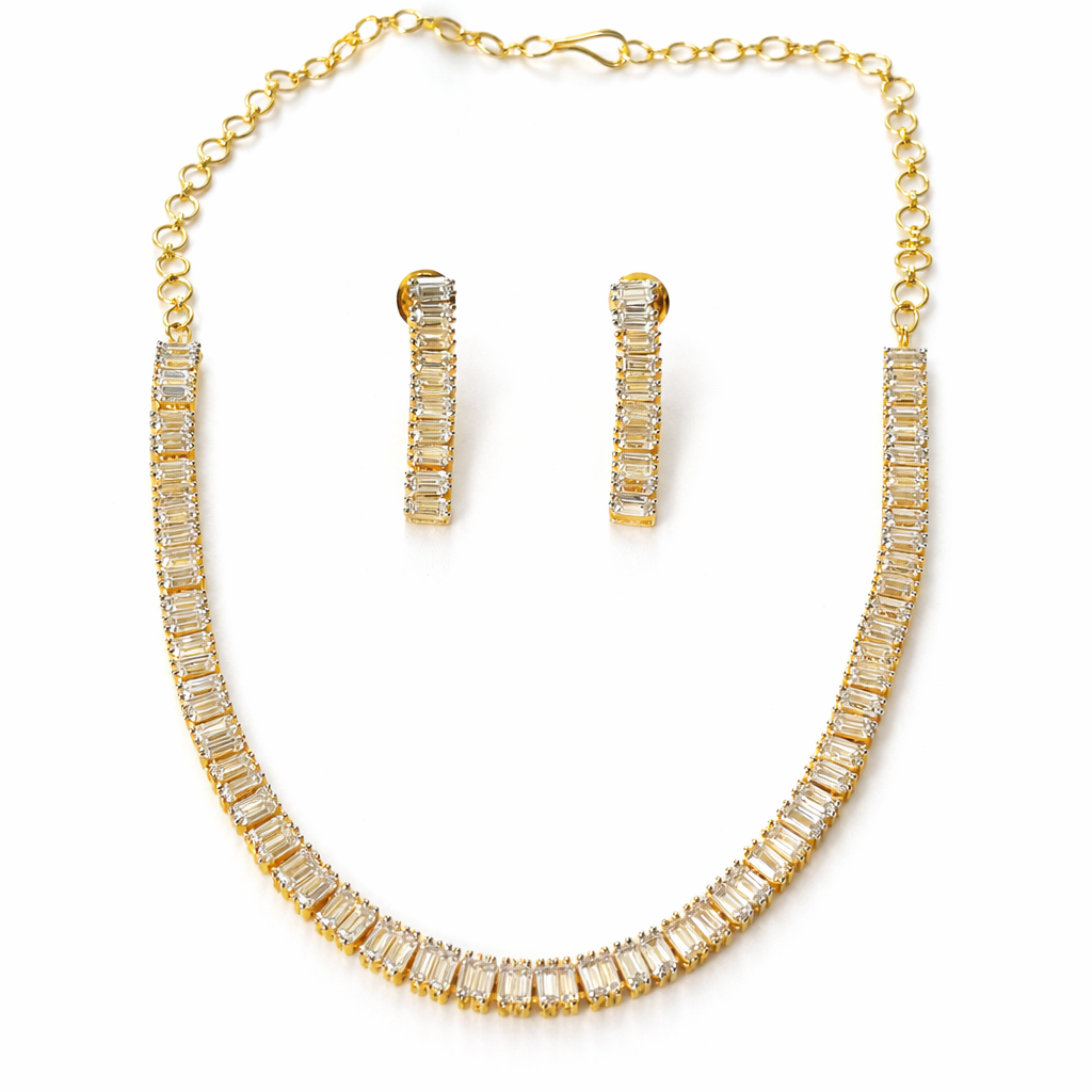 Solitaire Cubic Zirconia American Diamond Gold/Silver Plated Necklace Set