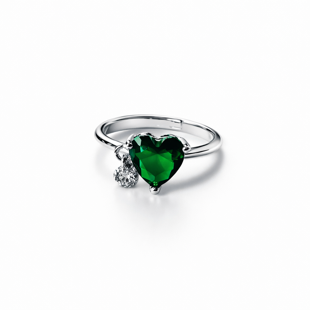 Green Emerald Cubic Zirconia American Diamond Silver Plated Adjustable Ring