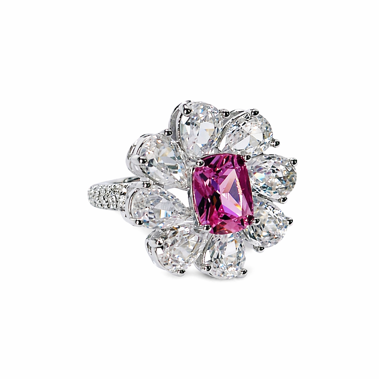 Pink Topaz Cubic Zirconia Ice Cut American Diamond Silver Plated Adjustable Ring