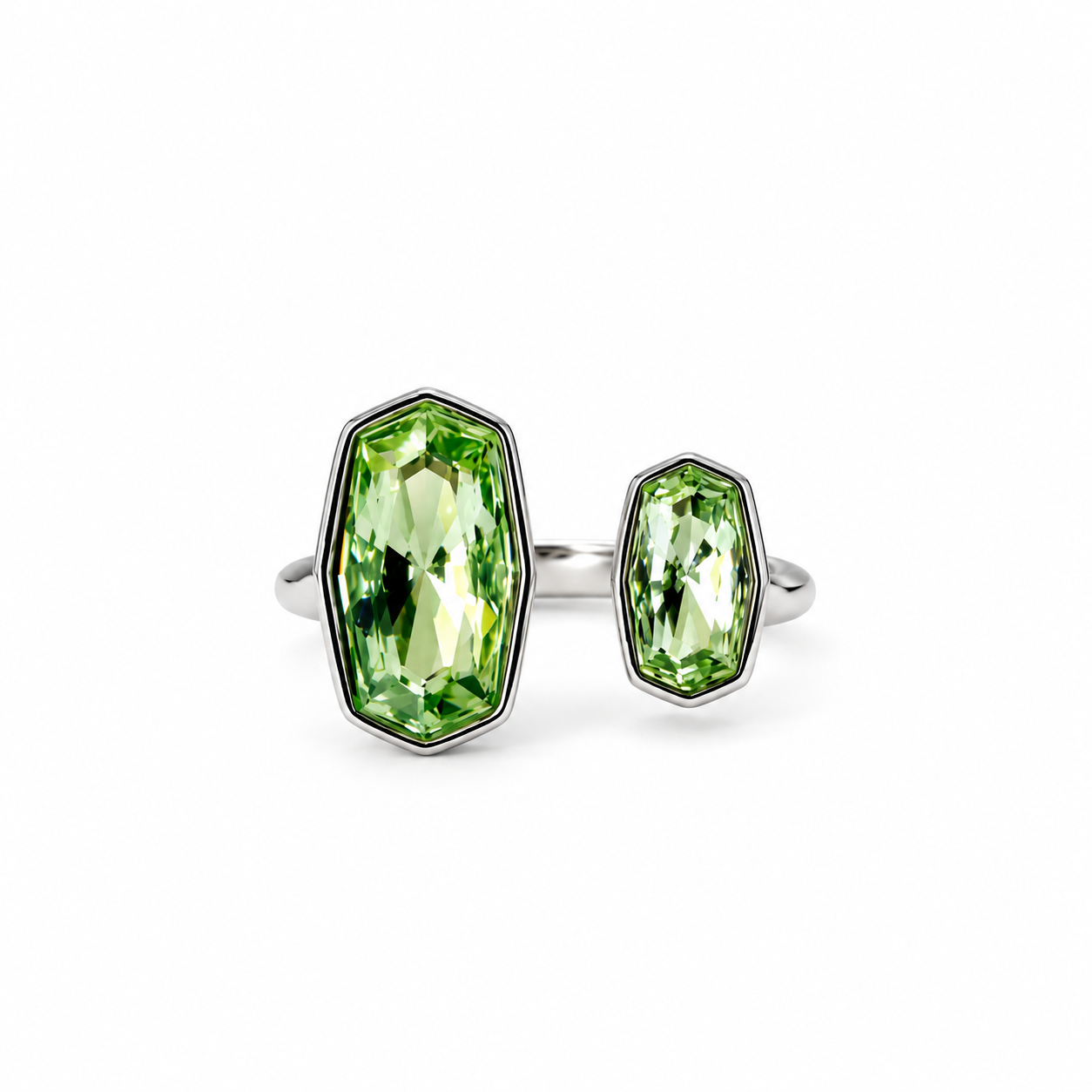 Green Peridot Swarovski Crystal Silver Plated Adjustable Ring