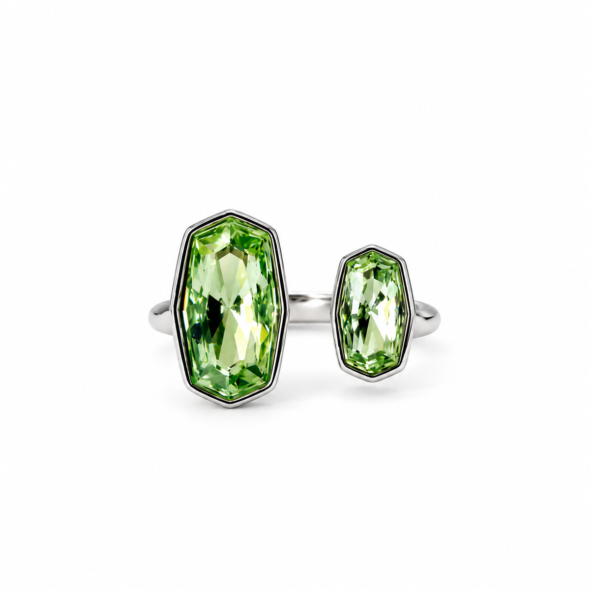 Green Peridot Swarovski Crystal Silver Plated Adjustable Ring
