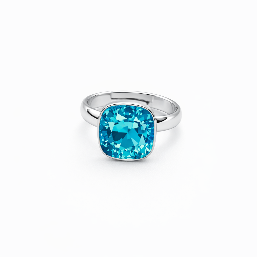 Aqua Blue Indicolite Swarovski Crystal Silver Plated Adjustable Ring