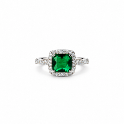 Green Emerald Cubic Zirconia Ice Cut American Diamond Silver Plated Adjustable Ring