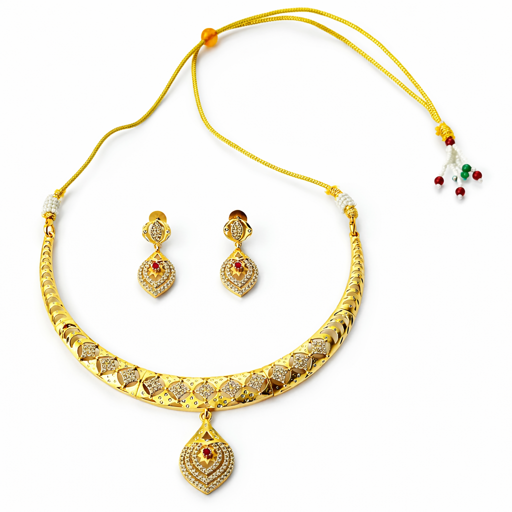 Red Ruby & Solitaire Cubic Zirconia American Diamond 1 Micron Gold Plated Necklace Set