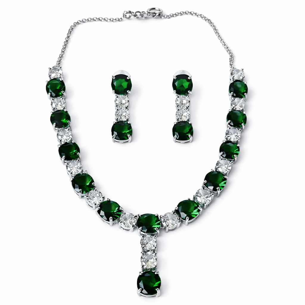 Green Emerald Cubic Zirconia American Diamond Silver Plated Necklace Set
