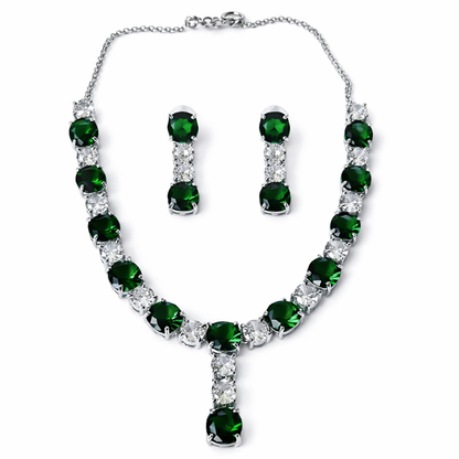Green Emerald Cubic Zirconia American Diamond Silver Plated Necklace Set