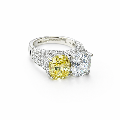 Yellow Topaz & Solitaire Cubic Zirconia Ice Cut American Diamond Silver Plated Adjustable Ring