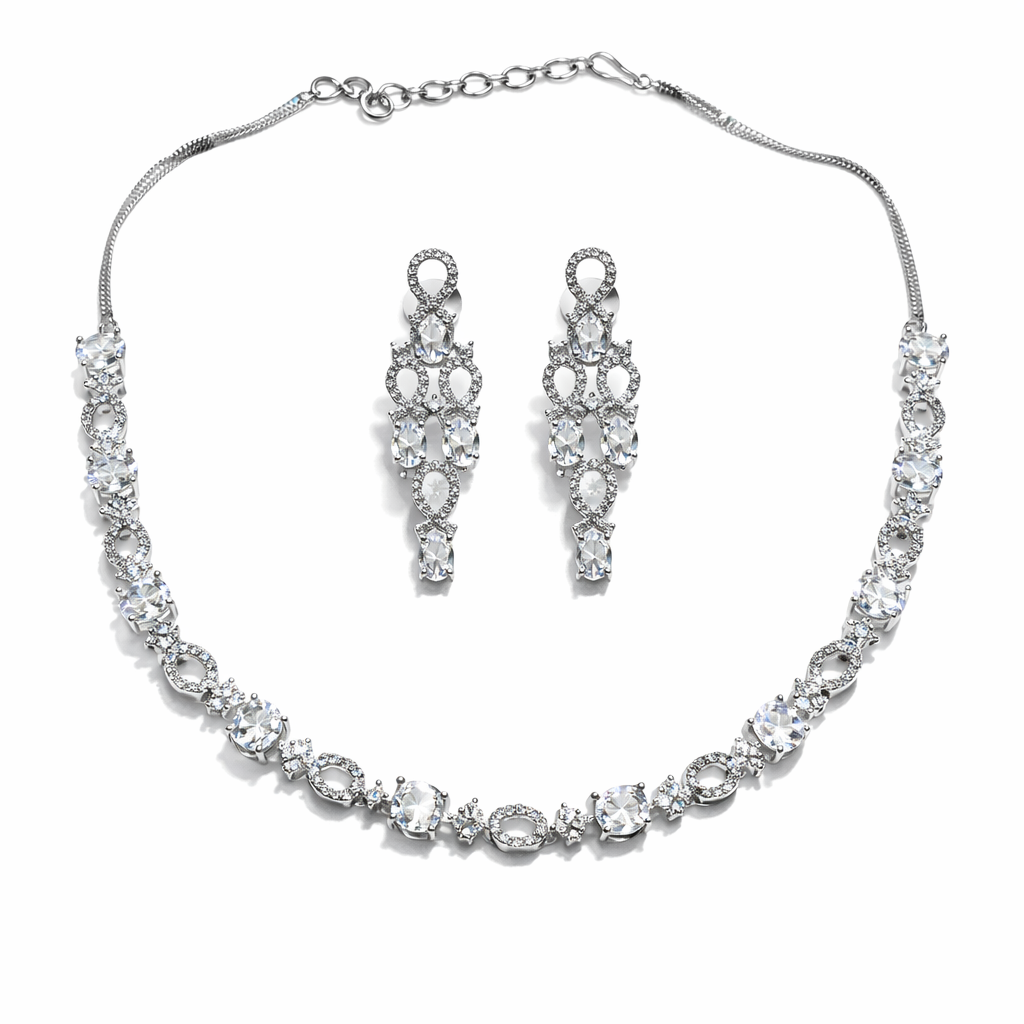 Solitaire Cubic Zirconia American Diamond Silver Plated Necklace Set