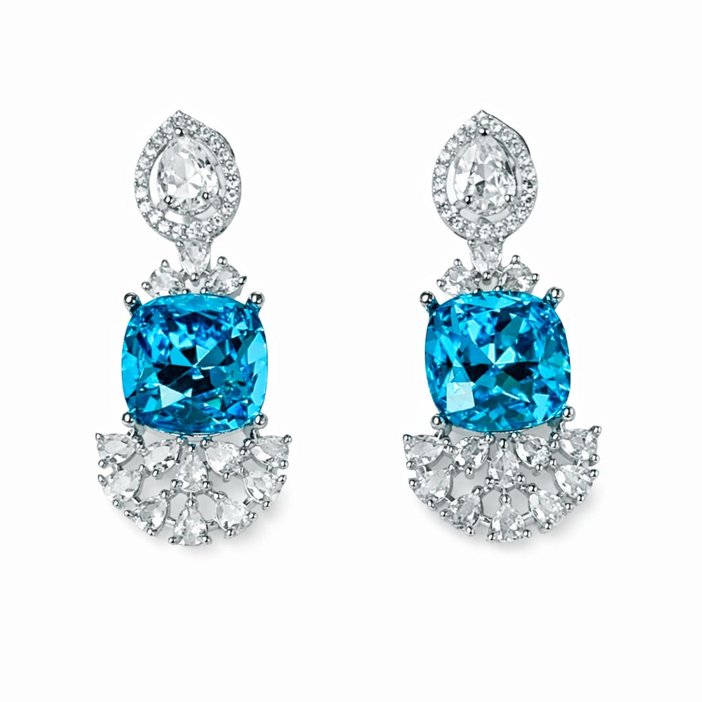 Aqua Blue Indicolite Swarovski Crystal American Diamond Silver Plated Earrings