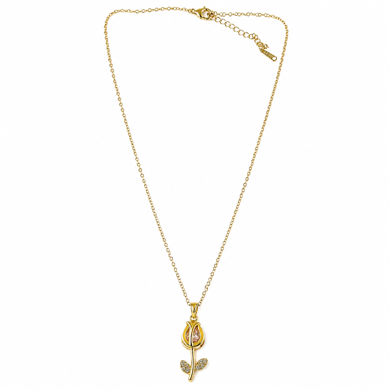 Pink Topaz Cubic Zirconia Tulip Design American Diamond Gold Plated Stainless Steel Necklace