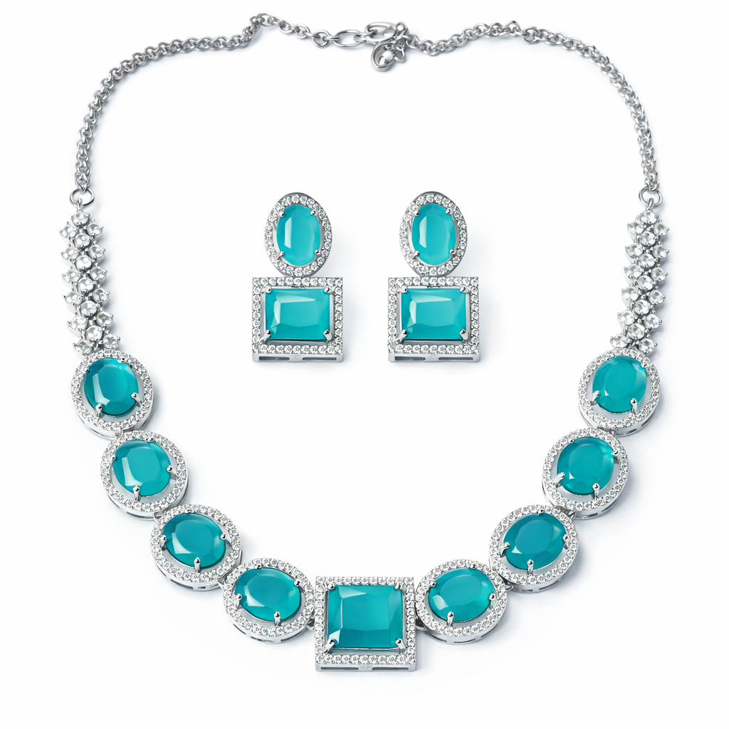 Mint Green Topaz Cubic Zirconia American Diamond Silver Plated Necklace Set