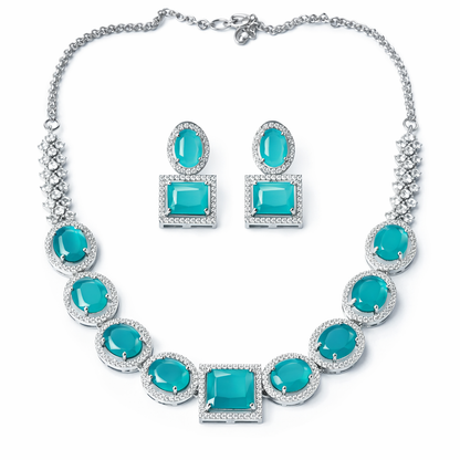 Mint Green Topaz Cubic Zirconia American Diamond Silver Plated Necklace Set