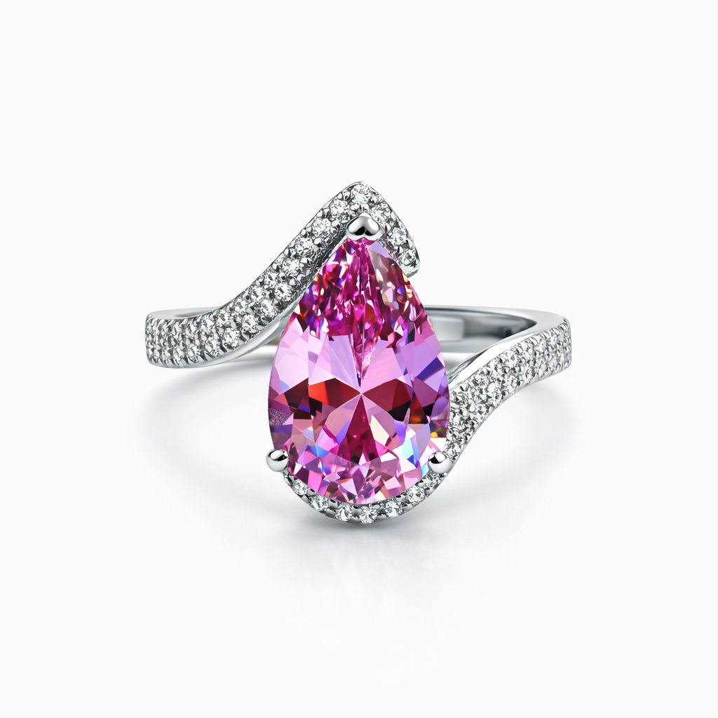 Pink Cubic Zirconia Topaz Ice Cut American Diamond Silver Plated Adjustable Ring