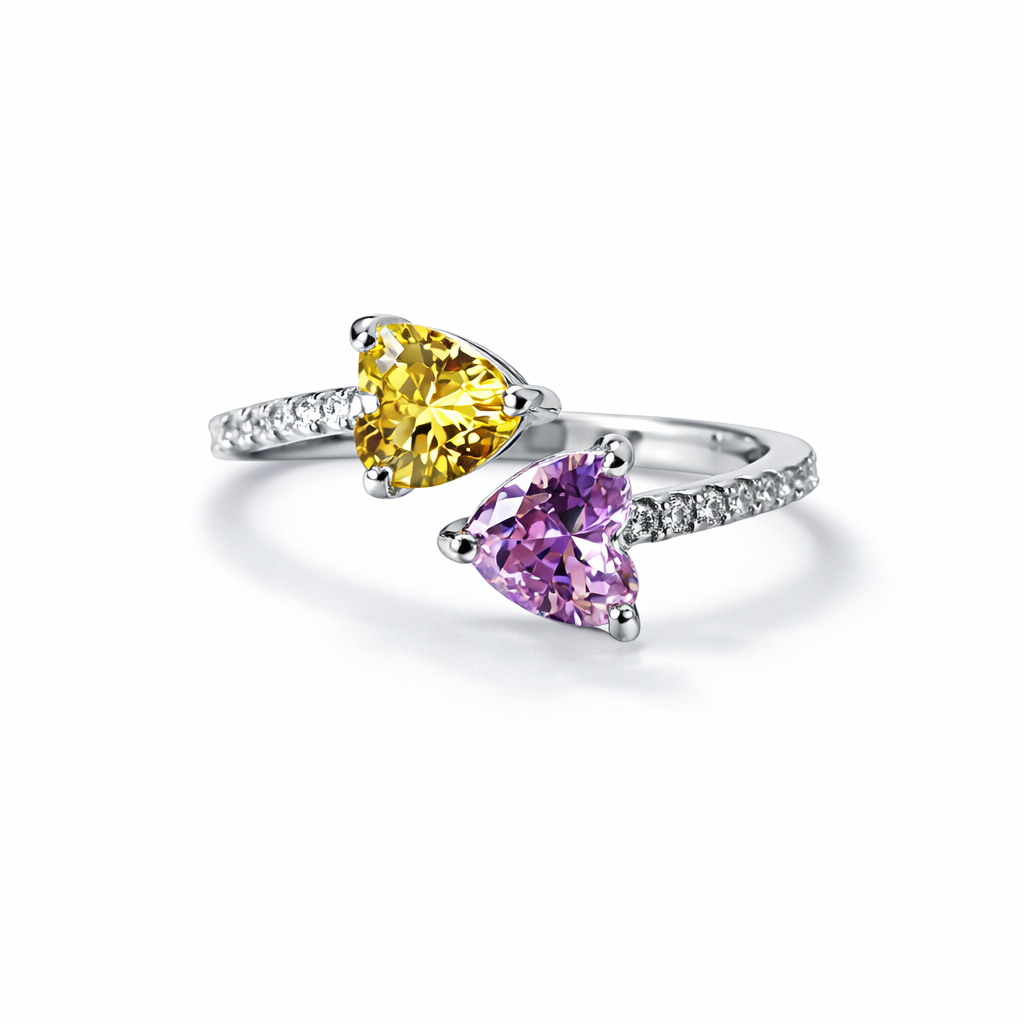 Yellow Topaz & Pink Topaz Cubic Zirconia Ice Cut American Diamond Silver Plated Adjustable Ring