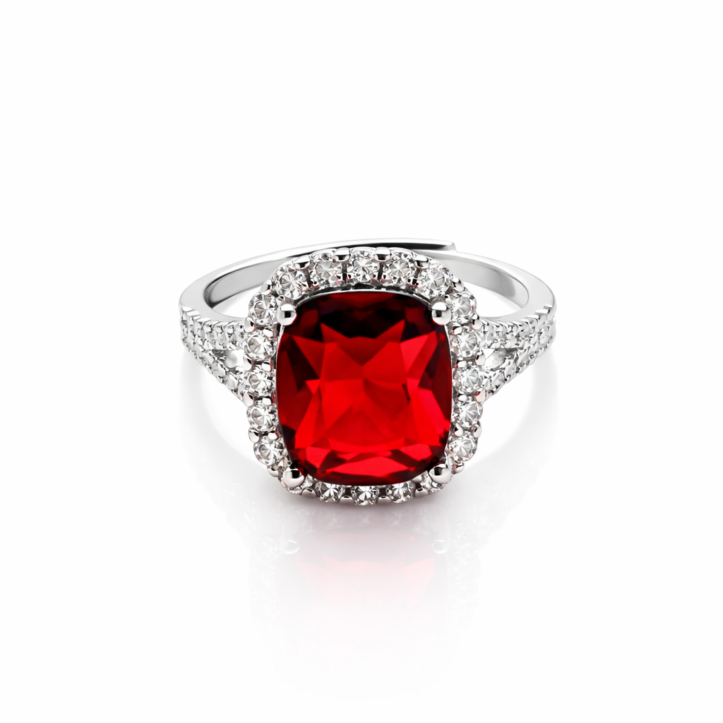 Red Ruby Cubic Zirconia Ice Cut American Diamond Silver Plated Adjustable Ring