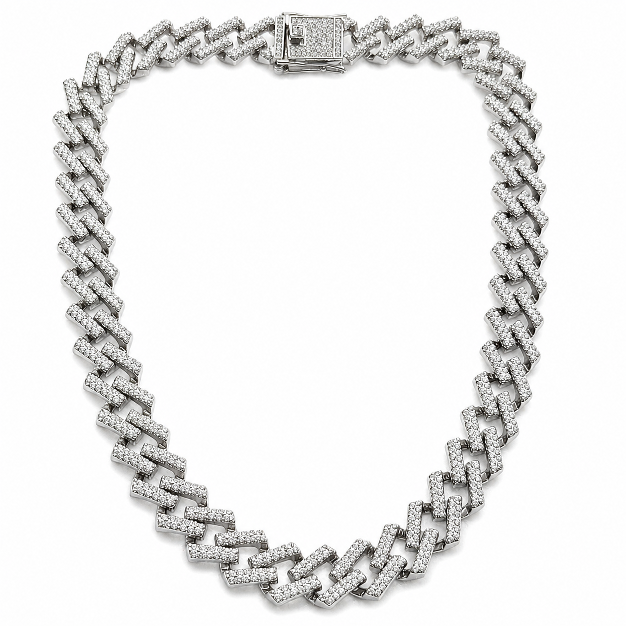 Solitaire Cubic Zirconia Iced-Out American Diamond Silver Plated Cuban Neck Chain [Unisex (18 Inches)]