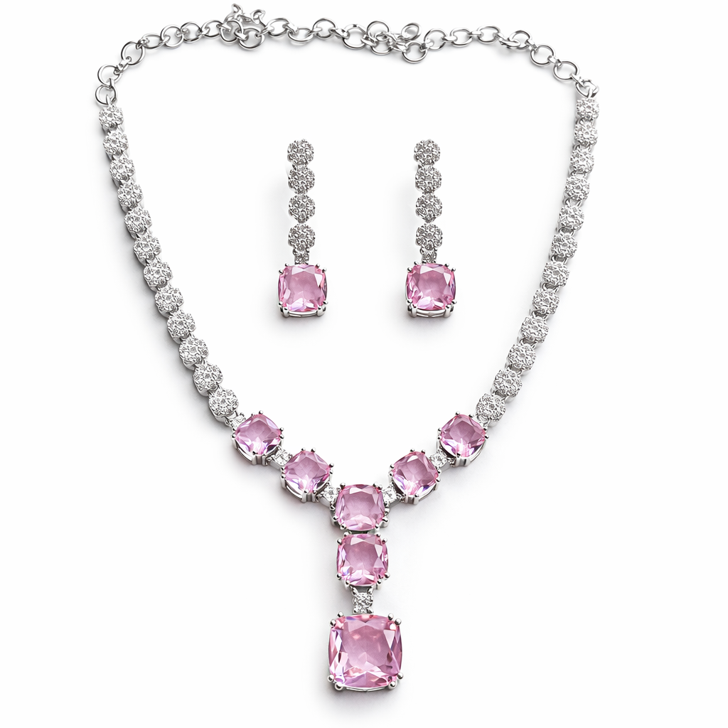 Pink Topaz Cubic Zirconia American Diamond Silver Plated Necklace Set
