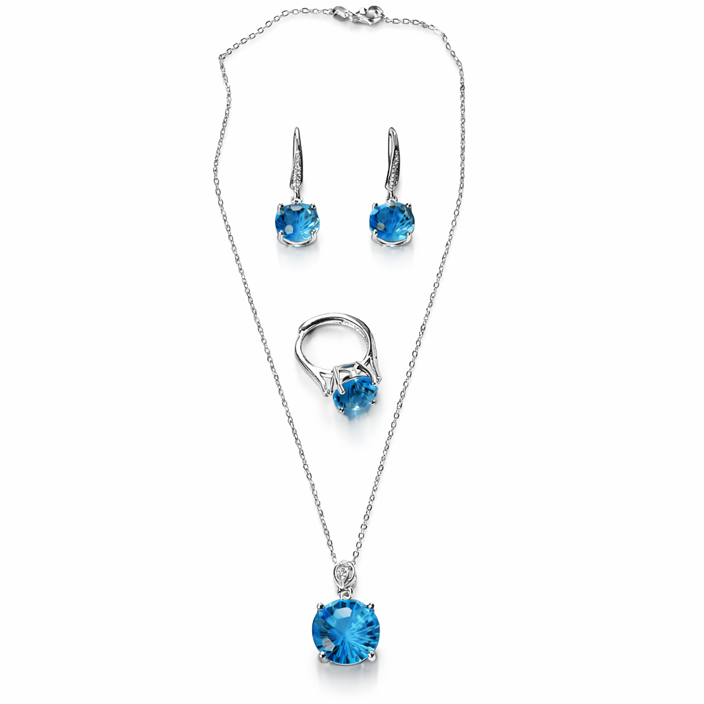 Aqua Blue Sapphire Cubic Zirconia American Diamond Silver Plated Pendant Set Combo