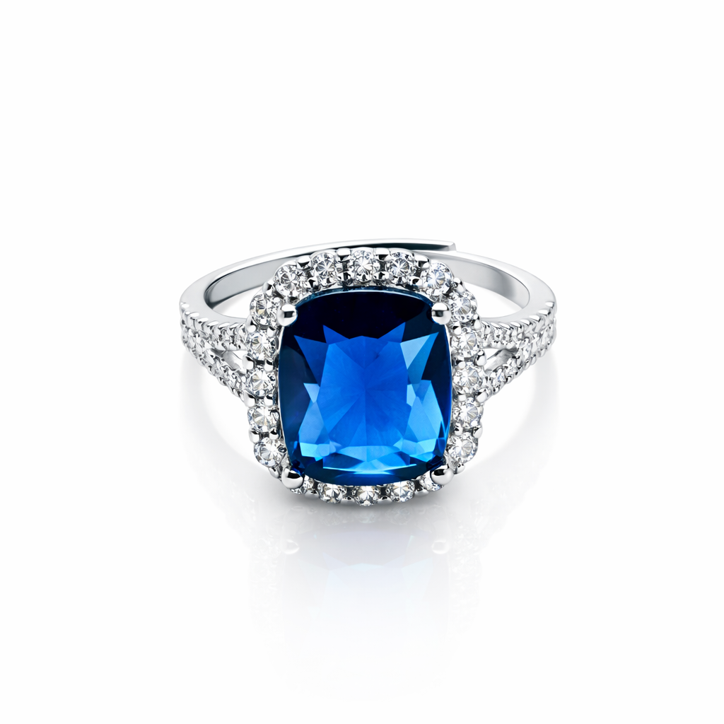Blue Sapphire Cubic Zirconia Ice Cut American Diamond Silver Plated Adjustable Ring