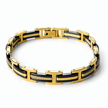 Black & Gold Cubic Zirconia American Diamond Ceramic Stainless Steel Bracelet