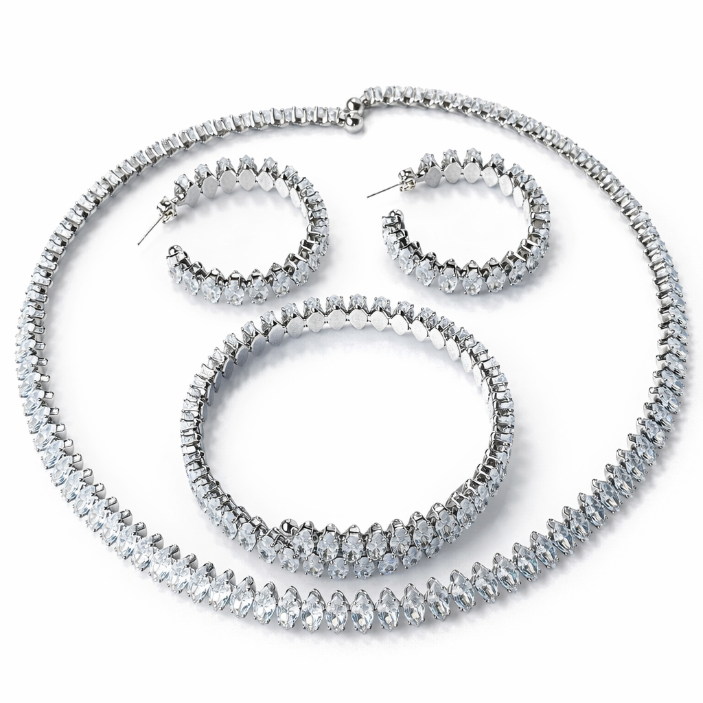 Solitaire Cubic Zirconia American Diamond Silver Plated Necklace Set