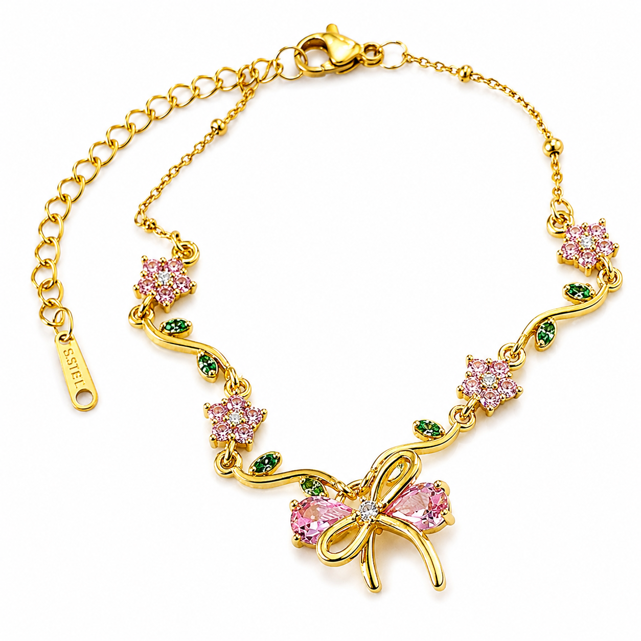 Green Emerald & Pink Topaz Cubic Zirconia Tulip Design American Diamond Gold Plated Stainless Steel Bracelet