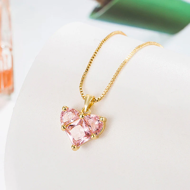 Pink Topaz Crystal Cubic Zircon Heart Design Gold Plated Stainless Steel Necklace