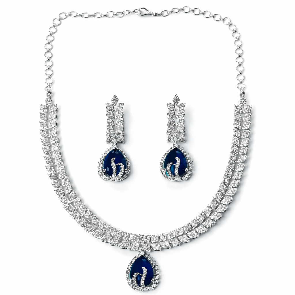 Blue Sapphire Cubic Zirconia American Diamond Silver Plated Necklace Set
