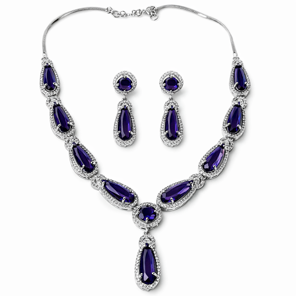 Purple Amethyst Cubic Zirconia American Diamond Silver Plated Necklace Set