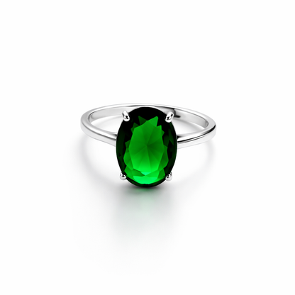 Green Emerald Cubic Zirconia Ice Cut American Diamond Silver Plated Adjustable Ring