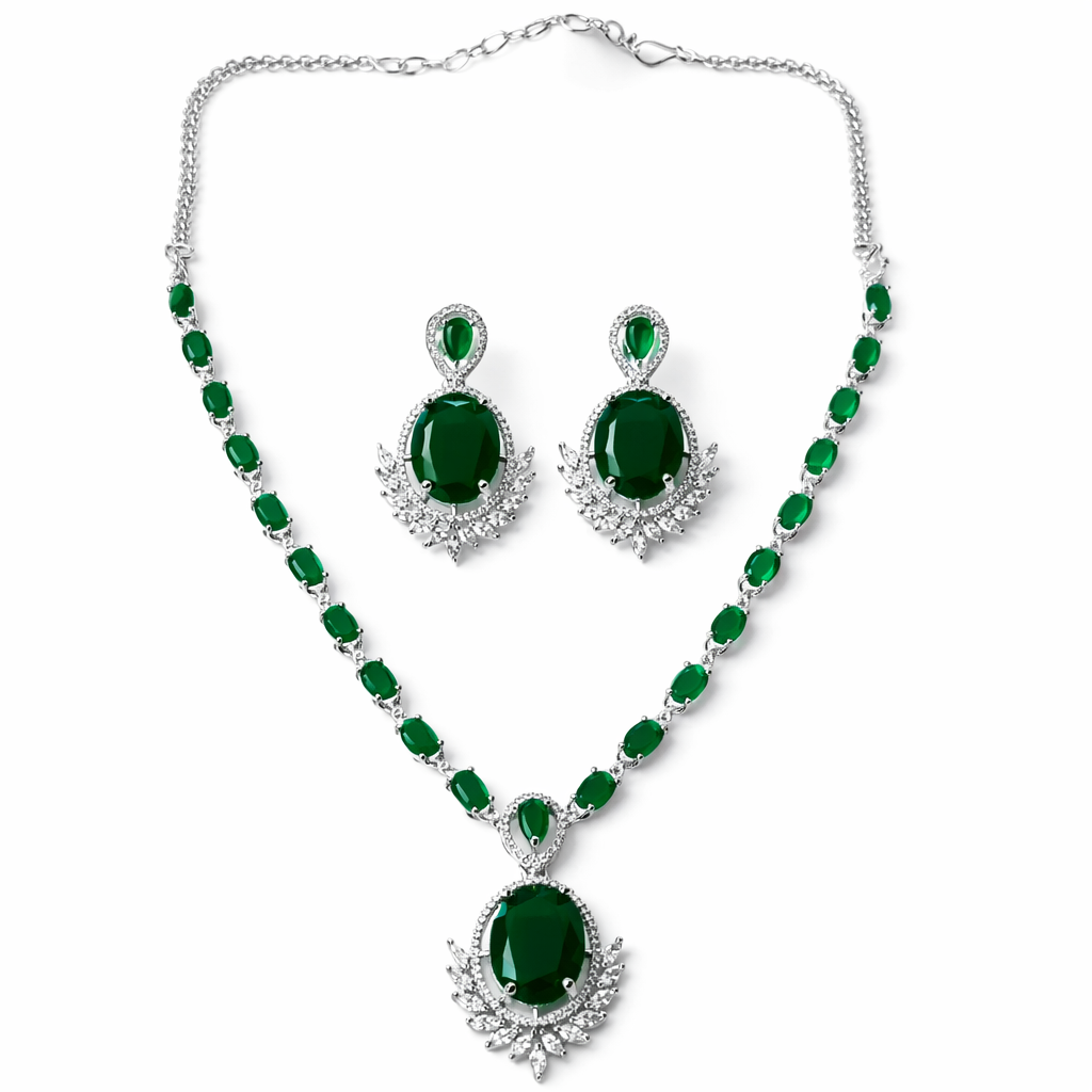 Green Emerald Cubic Zirconia American Diamond Silver Plated Necklace Set