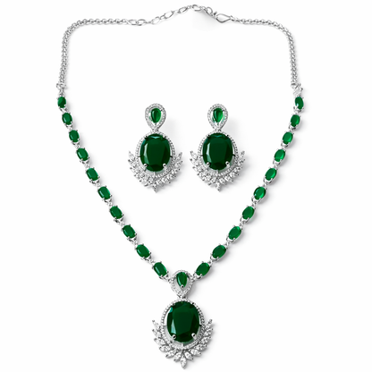 Green Emerald Cubic Zirconia American Diamond Silver Plated Necklace Set