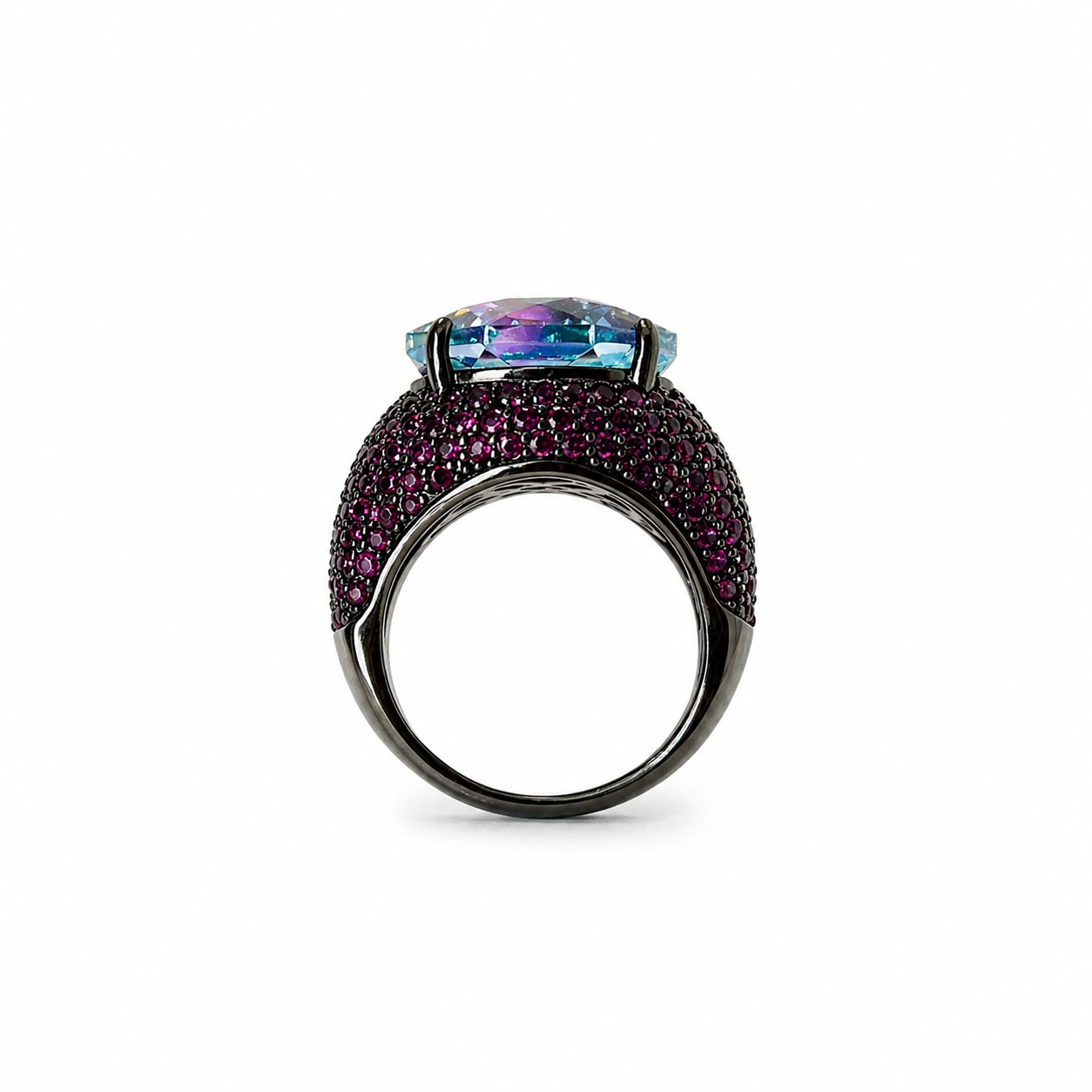 Aqua Blue Vitrail Sapphire Cubic Zirconia Pink Ice Cut American Diamond Victorian Plated Adjustable Ring