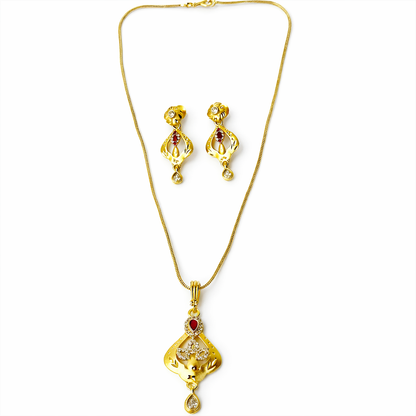 Red Ruby & Solitaire Cubic Zirconia American Diamond 1 Micron Gold Plated Pendant Set