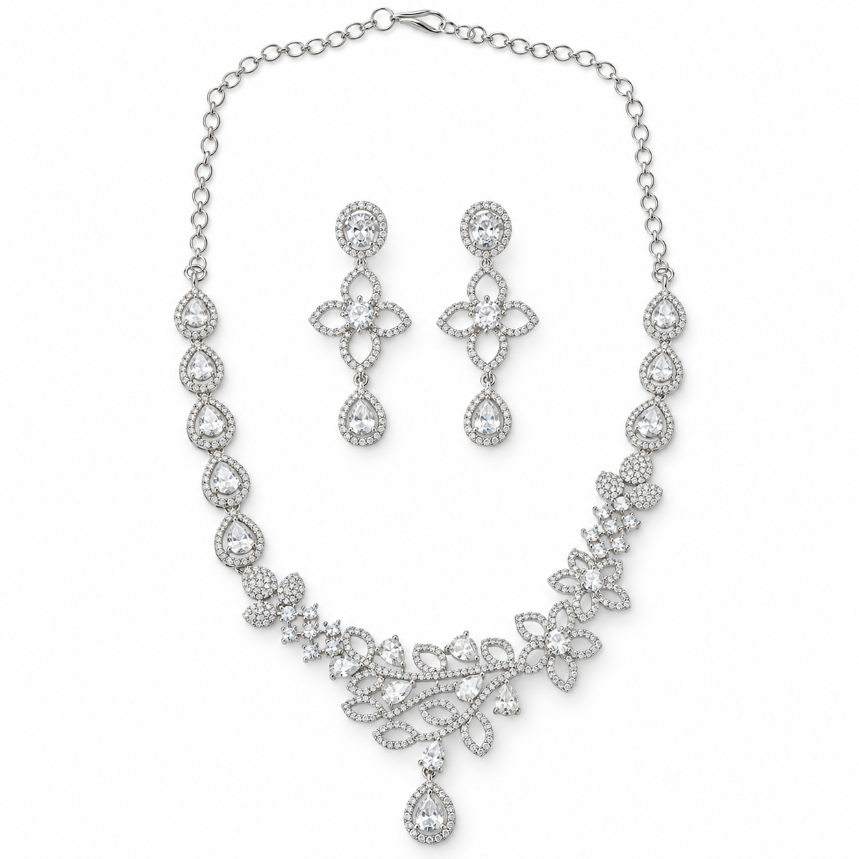 Solitaire Cubic Zirconia American Diamond Silver Plated Necklace Set