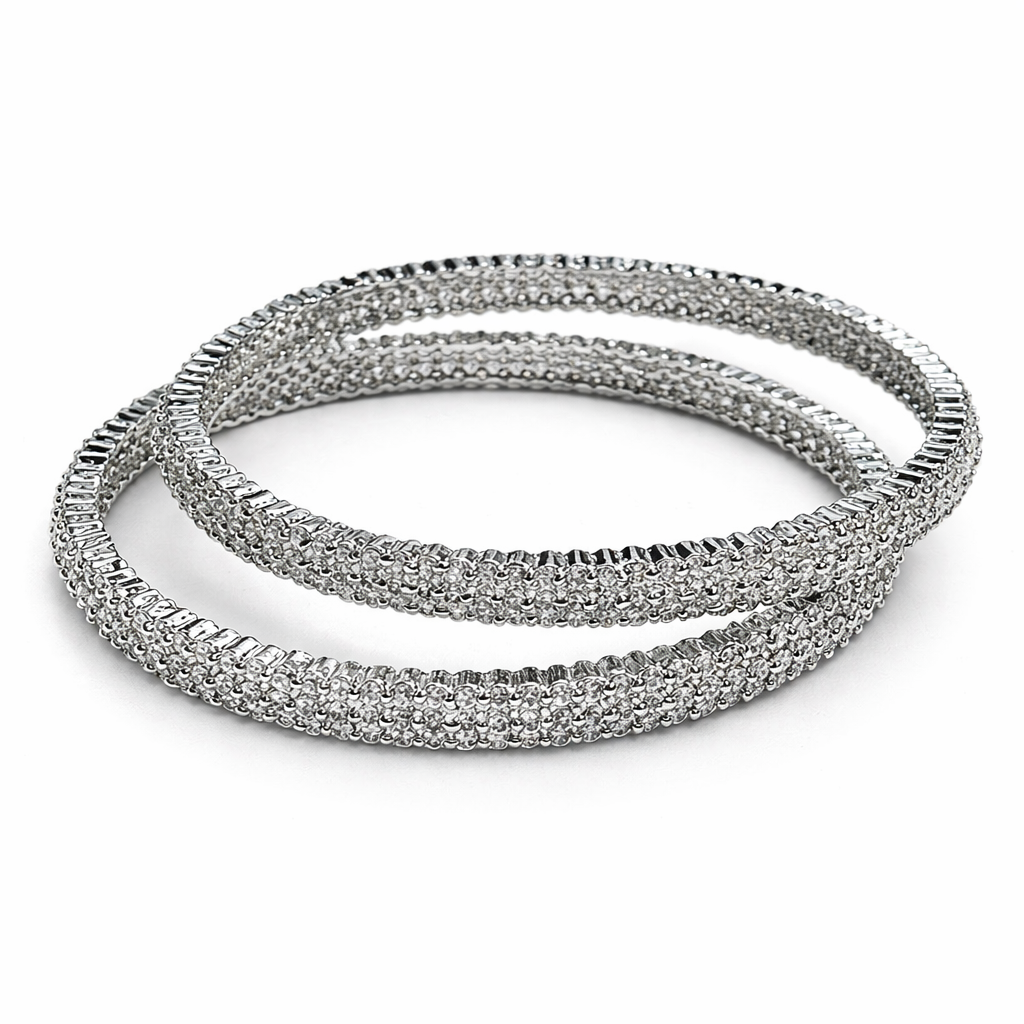 Solitaire Cubic Zirconia American Diamond Silver Plated Bangles, Set of 2