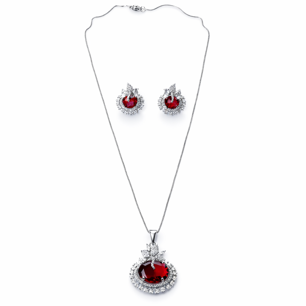Red Ruby Cubic Zirconia American Diamond Silver Plated Pendant Set