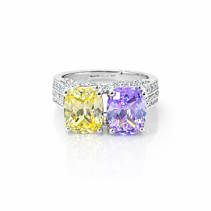 Yellow Topaz & Light Purple Amethyst Cubic Zirconia Ice Cut American Diamond Silver Plated Adjustable Ring
