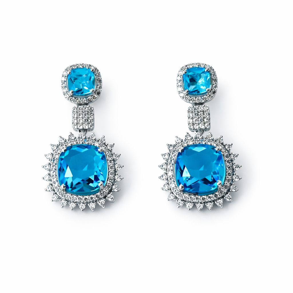 Aqua Blue Sapphire Cubic Zirconia American Diamond Silver Plated Earrings